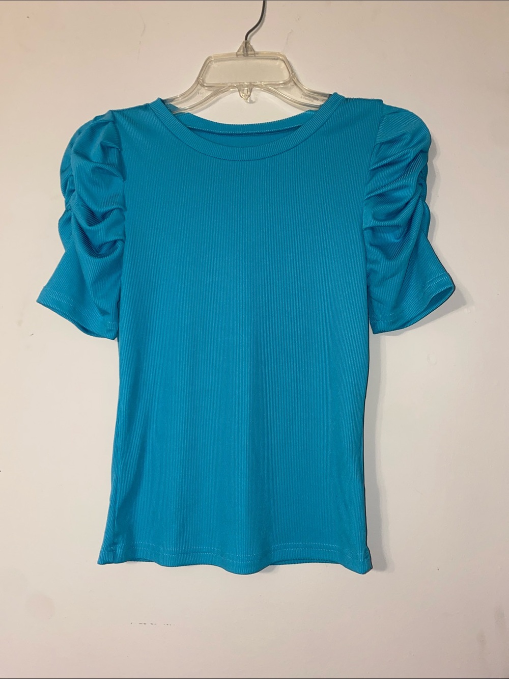 SHEIN Turquoise Puff Sleeve Ribbed Tee